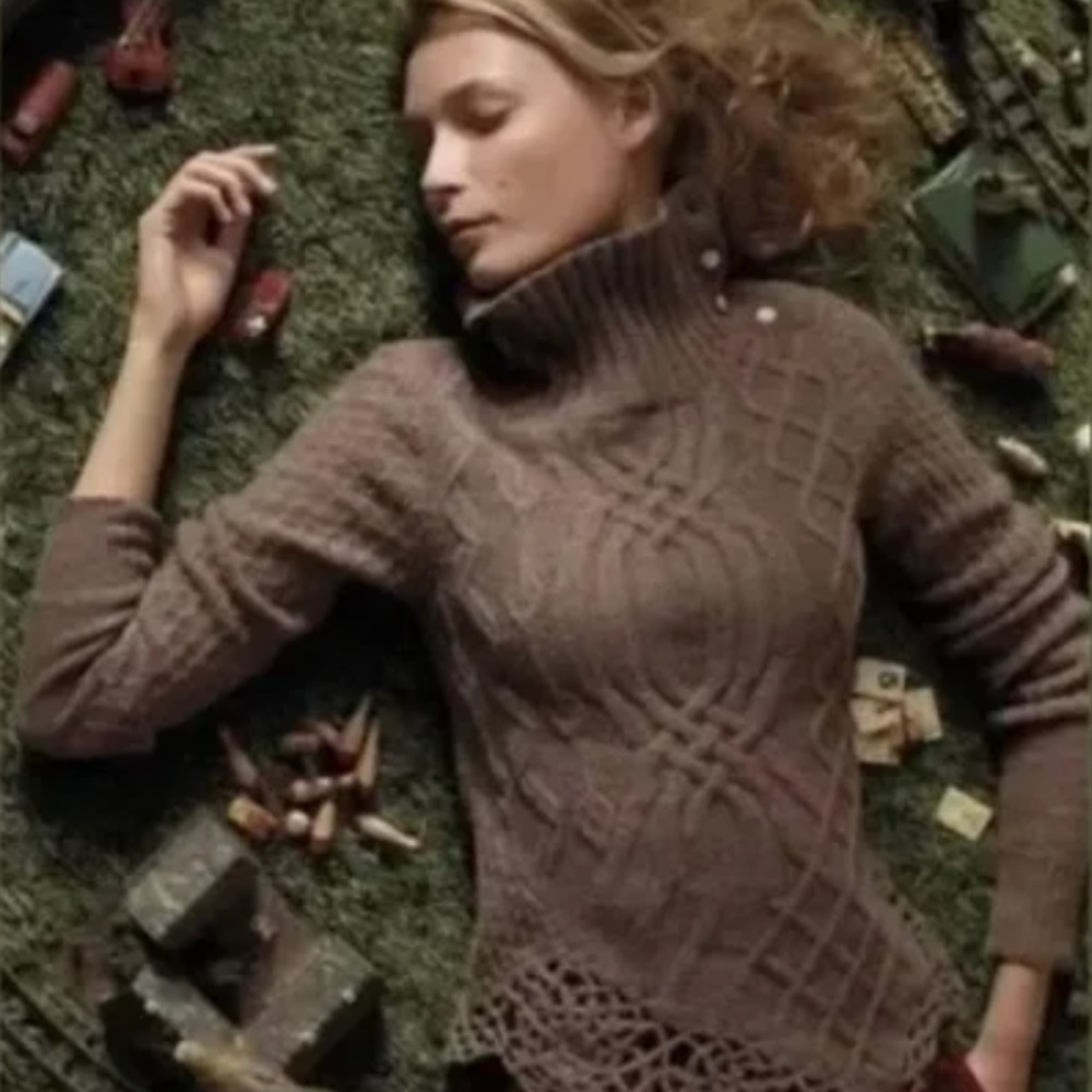 Anthroplogie Moth Galena Button Cowl Neck Crochet Brown Wool Sweater Size S